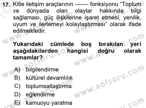 Dijital İletişim ve Yeni Medya Dersi 2018 - 2019 Yılı (Final) Dönem Sonu Sınav Soruları 17. Soru