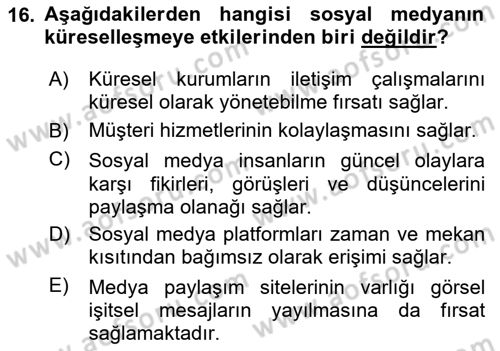 Dijital İletişim ve Yeni Medya Dersi 2020 - 2021 Yılı Yaz Okulu Sınav Soruları 16. Soru