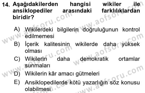 Dijital İletişim ve Yeni Medya Dersi 2021 - 2022 Yılı (Vize) Ara Sınav Soruları 14. Soru