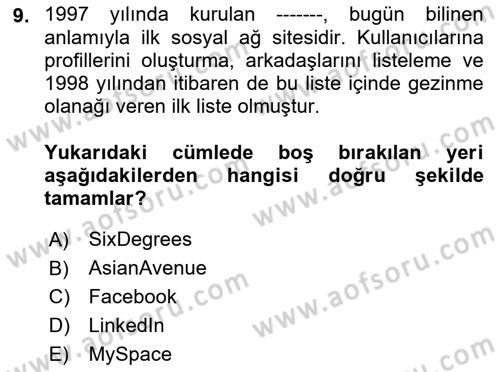 Dijital İletişim ve Yeni Medya Dersi 2022 - 2023 Yılı Yaz Okulu Sınav Soruları 9. Soru