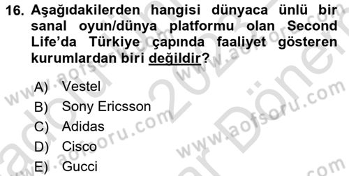Dijital İletişim ve Yeni Medya Dersi 2023 - 2024 Yılı (Final) Dönem Sonu Sınav Soruları 16. Soru