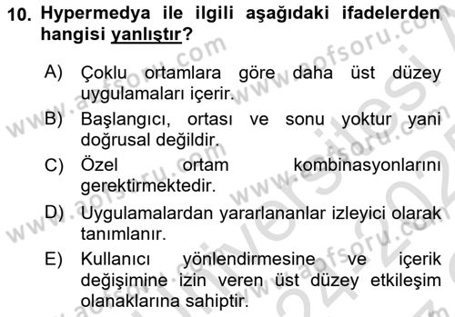 Dijital İletişim ve Yeni Medya Dersi 2024 - 2025 Yılı Yaz Okulu Sınav Soruları 10. Soru