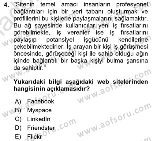 Dijital İletişim ve Yeni Medya Dersi 2024 - 2025 Yılı Yaz Okulu Sınav Soruları 4. Soru