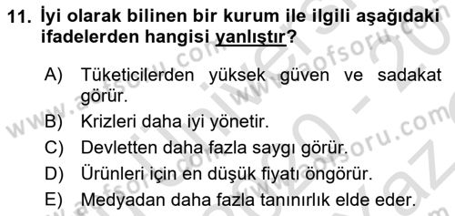 Kurumsal Kimlik Ve İmaj Yönetimi Dersi 2020 - 2021 Yılı Yaz Okulu Sınav Soruları 11. Soru
