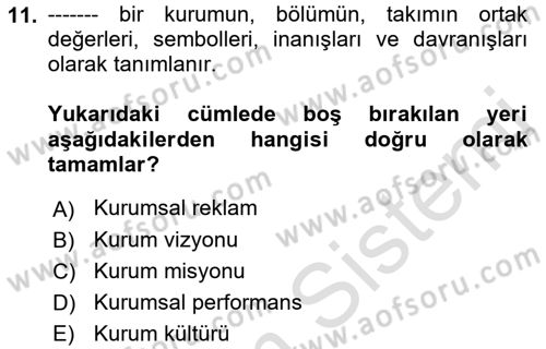 Kurumsal Kimlik Ve İmaj Yönetimi Dersi 2021 - 2022 Yılı (Vize) Ara Sınav Soruları 11. Soru