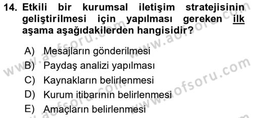 Kurumsal Kimlik Ve İmaj Yönetimi Dersi 2023 - 2024 Yılı (Vize) Ara Sınavı 14. Soru