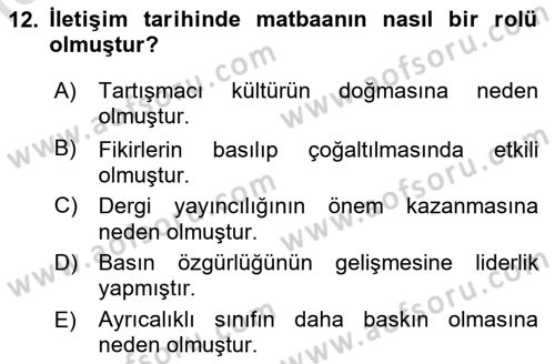 İletişim Araştırmaları Dersi 2019 - 2020 Yılı (Vize) Ara Sınavı 12. Soru