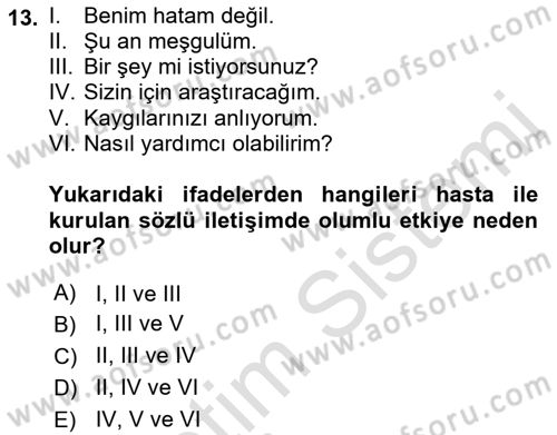 Sağlık Kurumlarında İletişim Dersi 2018 - 2019 Yılı 3 Ders Sınav Soruları 13. Soru