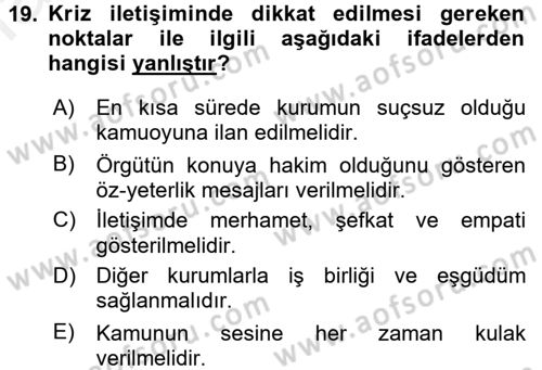 Sağlık Kurumlarında İletişim Dersi 2018 - 2019 Yılı (Final) Dönem Sonu Sınav Soruları 19. Soru