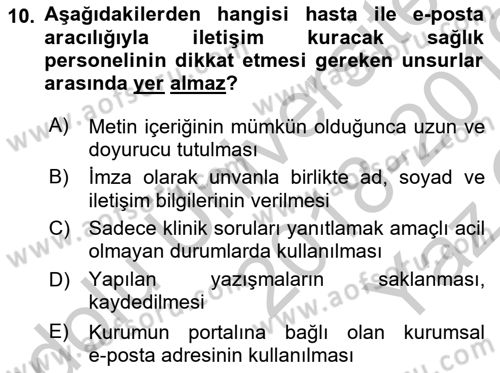 Sağlık Kurumlarında İletişim Dersi 2018 - 2019 Yılı Yaz Okulu Sınav Soruları 10. Soru
