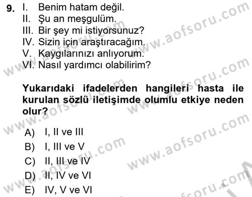 Sağlık Kurumlarında İletişim Dersi 2018 - 2019 Yılı Yaz Okulu Sınav Soruları 9. Soru