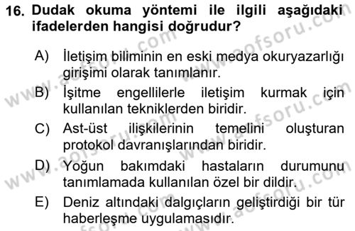 Sağlık Kurumlarında İletişim Dersi 2022 - 2023 Yılı Yaz Okulu Sınav Soruları 16. Soru