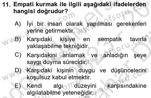 Sağlık Kurumlarında İletişim Dersi 2023 - 2024 Yılı (Vize) Ara Sınav Soruları 11. Soru