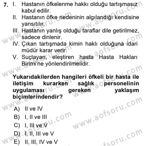 Sağlık Kurumlarında İletişim Dersi 2023 - 2024 Yılı (Final) Dönem Sonu Sınav Soruları 7. Soru