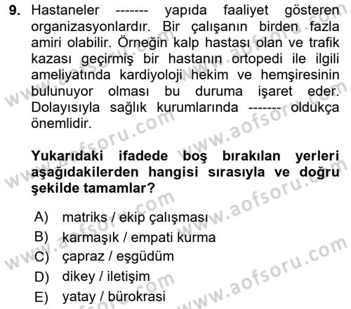 Sağlık Kurumlarında İletişim Dersi 2024 - 2025 Yılı (Vize) Ara Sınav Soruları 9. Soru