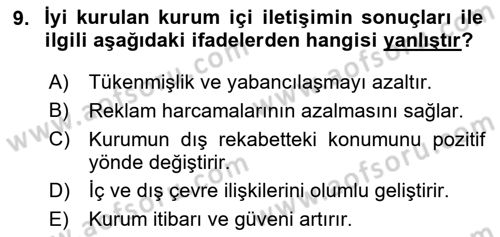 Sağlık Kurumlarında İletişim Dersi 2025 - 2026 Yılı (Vize) Ara Sınav Soruları 9. Soru