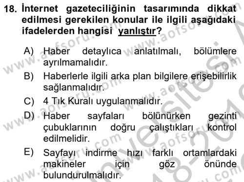 İletişim Ortamları Tasarımı Dersi 2018 - 2019 Yılı Yaz Okulu Sınav Soruları 18. Soru