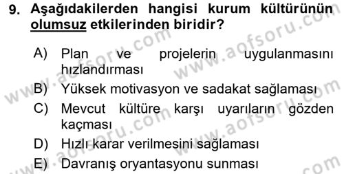 Kurum Kültürü Dersi 2016 - 2017 Yılı (Vize) Ara Sınav Soruları 9. Soru