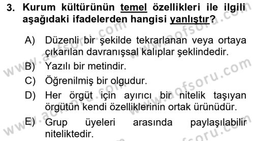 Kurum Kültürü Dersi 2018 - 2019 Yılı (Vize) Ara Sınav Soruları 3. Soru