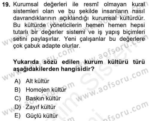 Kurum Kültürü Dersi 2018 - 2019 Yılı (Final) Dönem Sonu Sınav Soruları 19. Soru