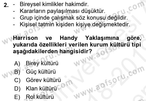 Kurum Kültürü Dersi 2018 - 2019 Yılı (Final) Dönem Sonu Sınav Soruları 2. Soru
