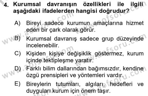 Kurum Kültürü Dersi 2018 - 2019 Yılı Yaz Okulu Sınav Soruları 4. Soru