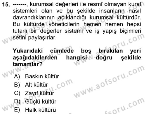 Kurum Kültürü Dersi 2020 - 2021 Yılı Yaz Okulu Sınav Soruları 15. Soru