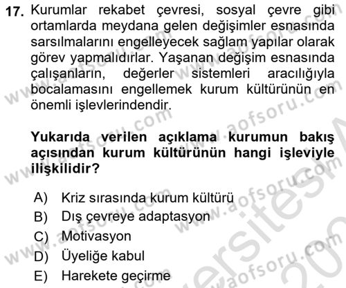 Kurum Kültürü Dersi 2020 - 2021 Yılı Yaz Okulu Sınav Soruları 17. Soru