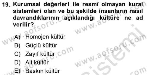 Kurum Kültürü Dersi 2021 - 2022 Yılı (Final) Dönem Sonu Sınav Soruları 19. Soru