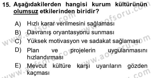 Kurum Kültürü Dersi 2021 - 2022 Yılı Yaz Okulu Sınav Soruları 15. Soru