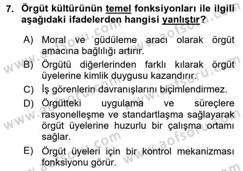 Kurum Kültürü Dersi 2021 - 2022 Yılı Yaz Okulu Sınav Soruları 7. Soru