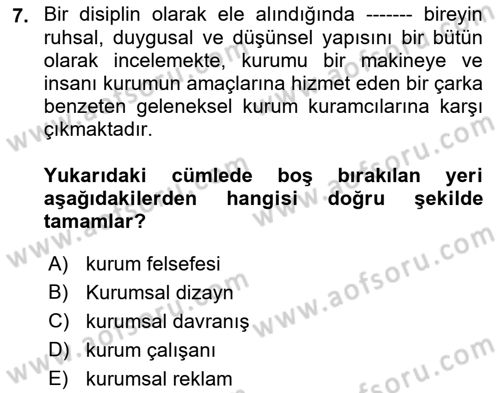 Kurum Kültürü Dersi 2022 - 2023 Yılı Yaz Okulu Sınav Soruları 7. Soru