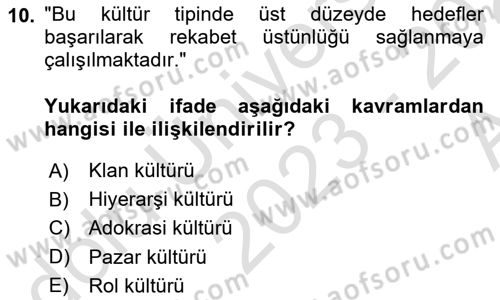 Kurum Kültürü Dersi 2023 - 2024 Yılı (Vize) Ara Sınavı 10. Soru