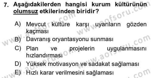 Kurum Kültürü Dersi 2023 - 2024 Yılı (Vize) Ara Sınavı 7. Soru