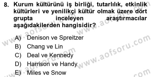 Kurum Kültürü Dersi 2023 - 2024 Yılı (Vize) Ara Sınavı 8. Soru