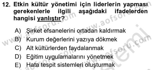 Kurum Kültürü Dersi 2023 - 2024 Yılı (Final) Dönem Sonu Sınav Soruları 12. Soru