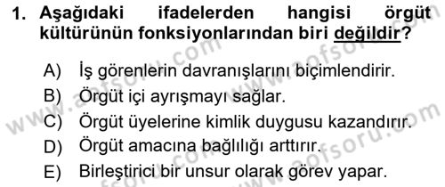 Kurum Kültürü Dersi 2024 - 2025 Yılı (Vize) Ara Sınavı 1. Soru