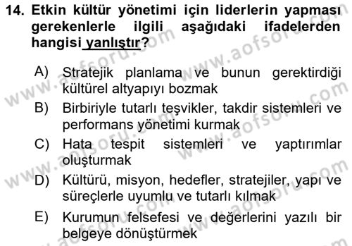 Kurum Kültürü Dersi 2024 - 2025 Yılı Yaz Okulu Sınav Soruları 14. Soru