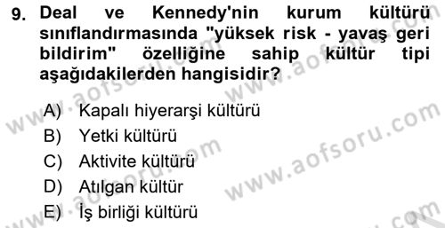 Kurum Kültürü Dersi 2025 - 2026 Yılı (Vize) Ara Sınav Soruları 9. Soru