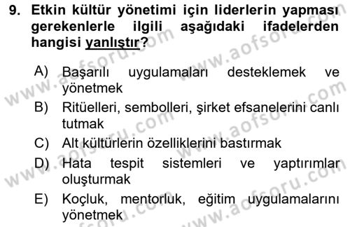 Kurum Kültürü Dersi 2025 - 2026 Yılı (Final) Dönem Sonu Sınav Soruları 9. Soru