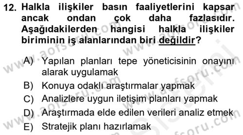 Kamusal Halkla İlişkiler Dersi 2017 - 2018 Yılı (Final) Dönem Sonu Sınav Soruları 12. Soru