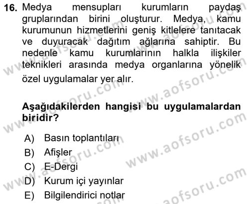 Kamusal Halkla İlişkiler Dersi 2017 - 2018 Yılı (Final) Dönem Sonu Sınav Soruları 16. Soru