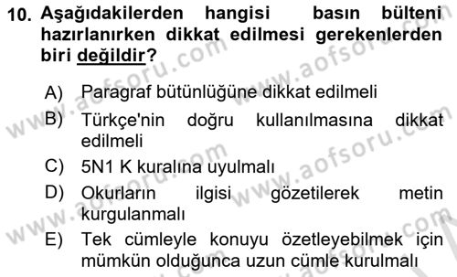 Kamusal Halkla İlişkiler Dersi 2018 - 2019 Yılı 3 Ders Sınav Soruları 10. Soru