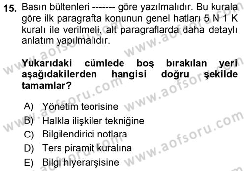 Kamusal Halkla İlişkiler Dersi 2018 - 2019 Yılı 3 Ders Sınav Soruları 15. Soru