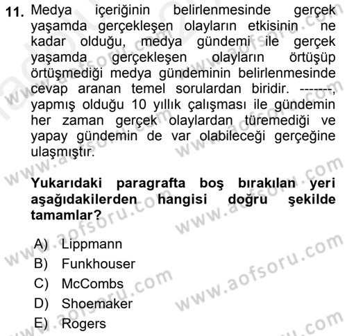 Kamusal Halkla İlişkiler Dersi 2018 - 2019 Yılı (Vize) Ara Sınav Soruları 11. Soru