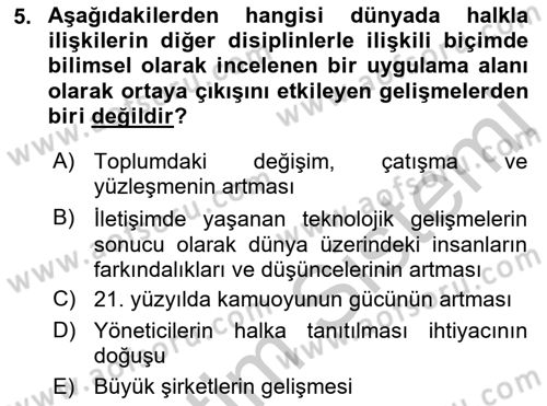 Kamusal Halkla İlişkiler Dersi 2018 - 2019 Yılı Yaz Okulu Sınavı 5. Soru