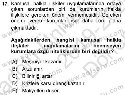 Kamusal Halkla İlişkiler Dersi 2019 - 2020 Yılı (Final) Dönem Sonu Sınav Soruları 17. Soru