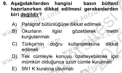 Kamusal Halkla İlişkiler Dersi 2019 - 2020 Yılı (Final) Dönem Sonu Sınav Soruları 9. Soru