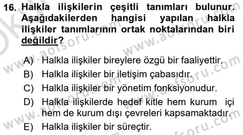 Kamusal Halkla İlişkiler Dersi 2020 - 2021 Yılı Yaz Okulu Sınavı 16. Soru