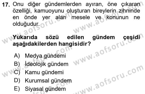 Kamusal Halkla İlişkiler Dersi 2020 - 2021 Yılı Yaz Okulu Sınavı 17. Soru